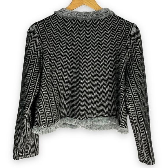 Emme Marella Herringbone Tweed Cropped Jacket w/ Fringe Trim, Black/Grey, Size M - Picture 11 of 11